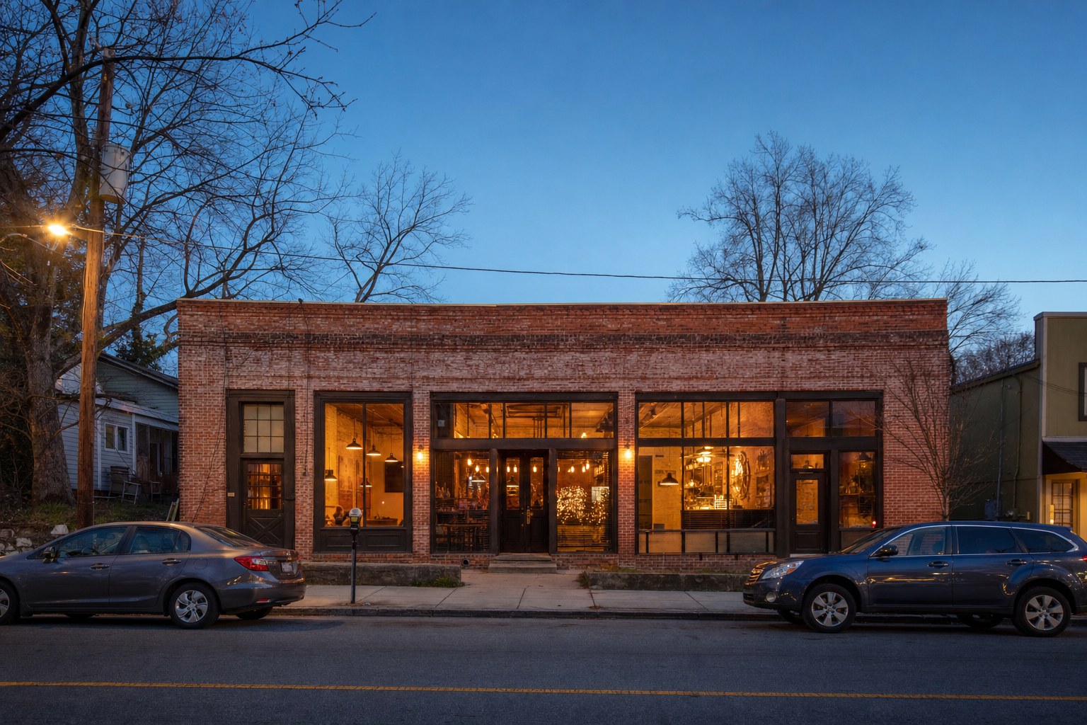 An old brick tavern building glowing at dusk on an Athens street