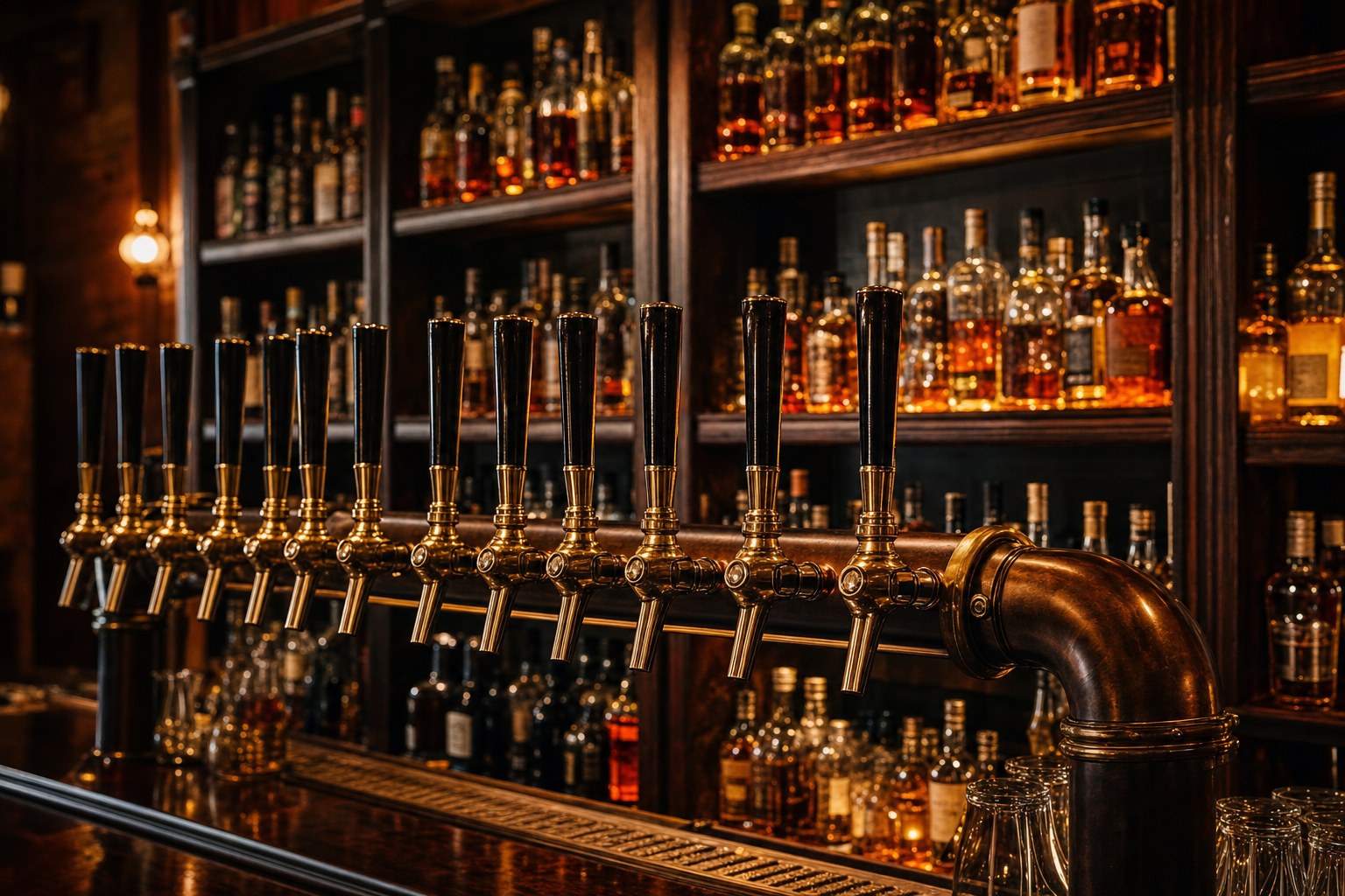 Beer taps in front of a warm bourbon shelf