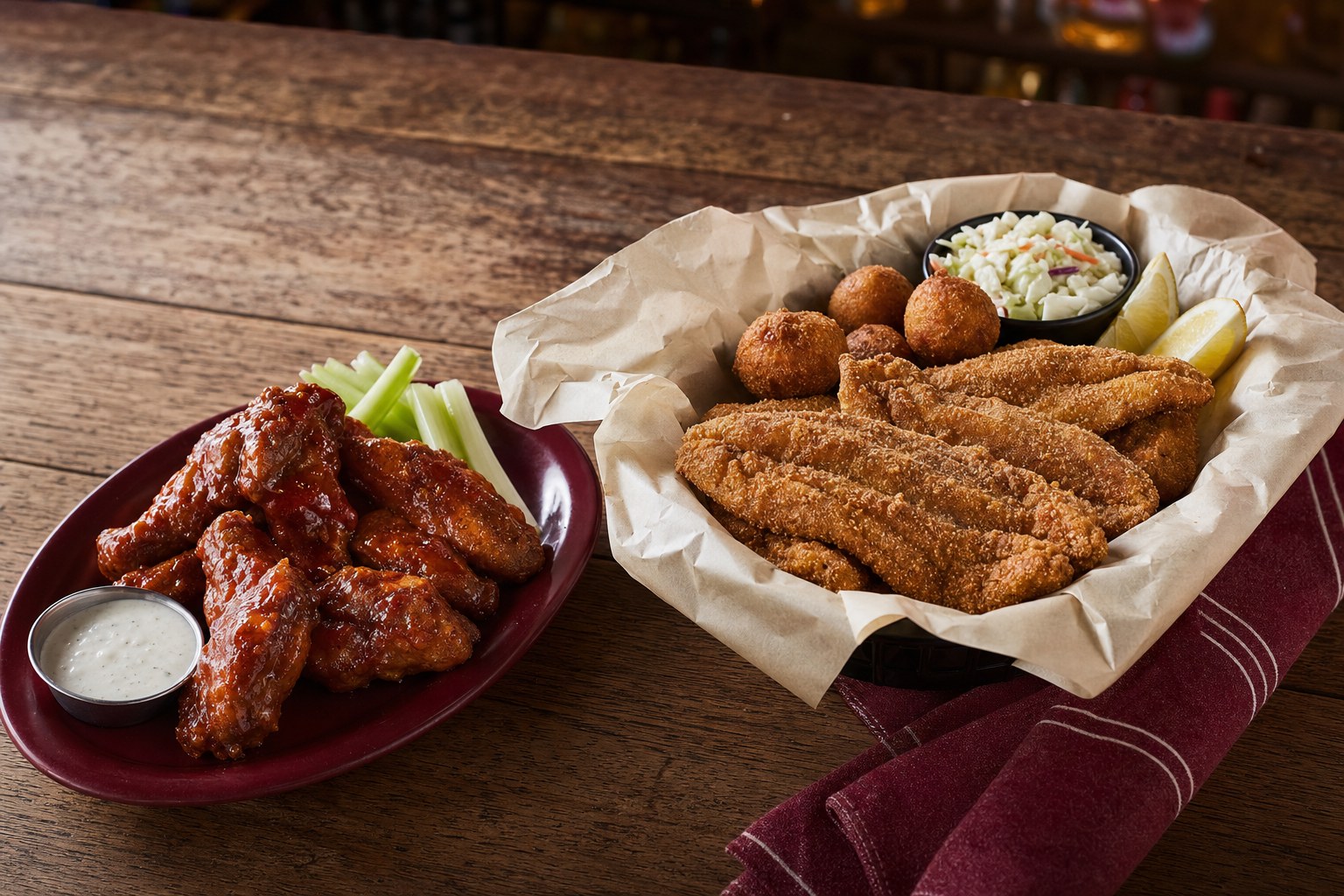 A catfish basket with hushpuppies beside a plate of wings on a wooden bar