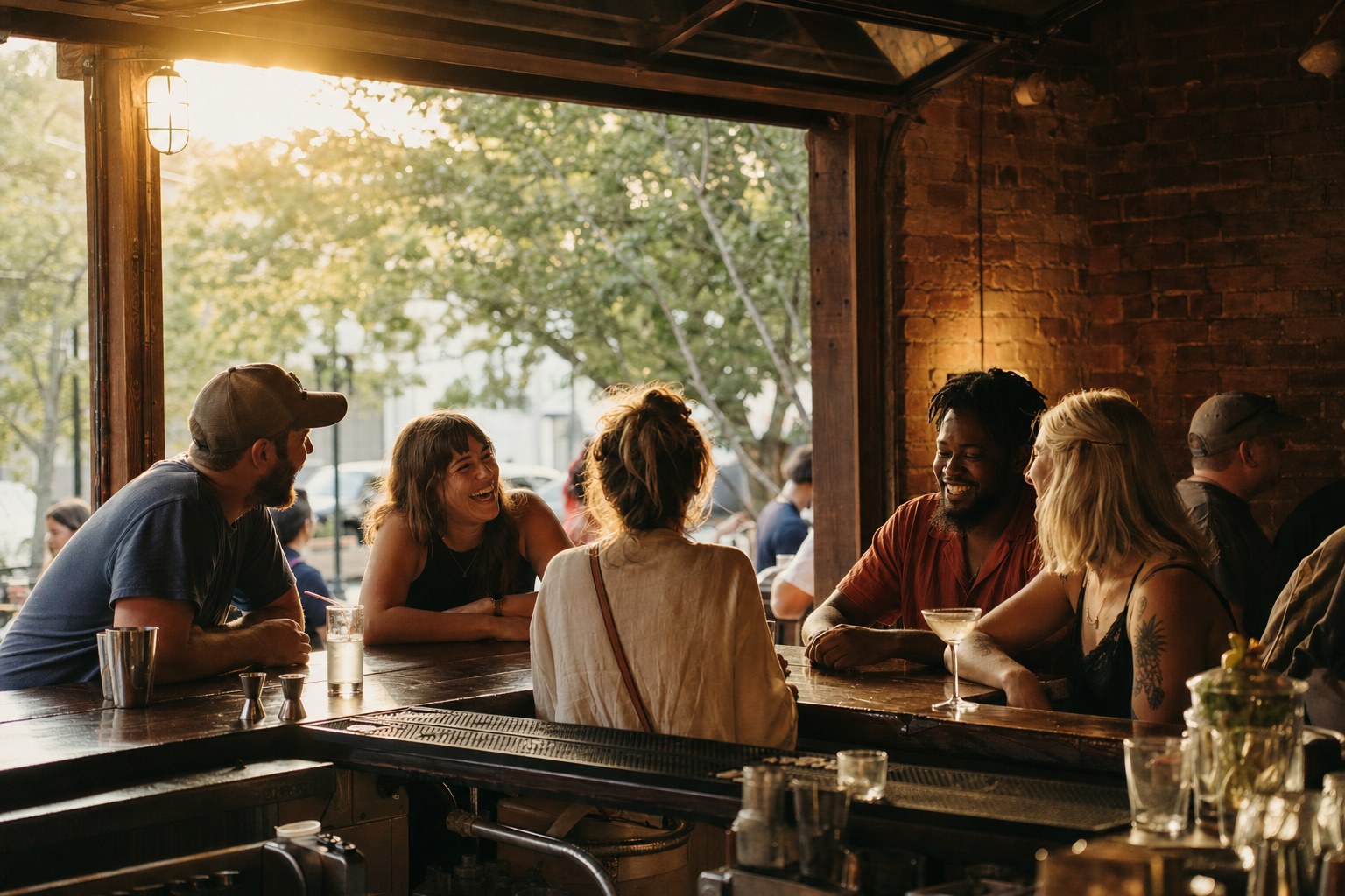 Friends at the tavern bar with the patio door open in late afternoon light