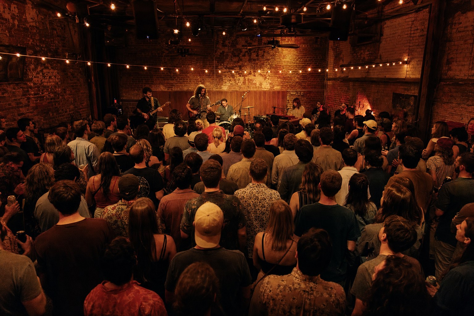 A packed crowd watching a band in Fernwhistle's brick music room
