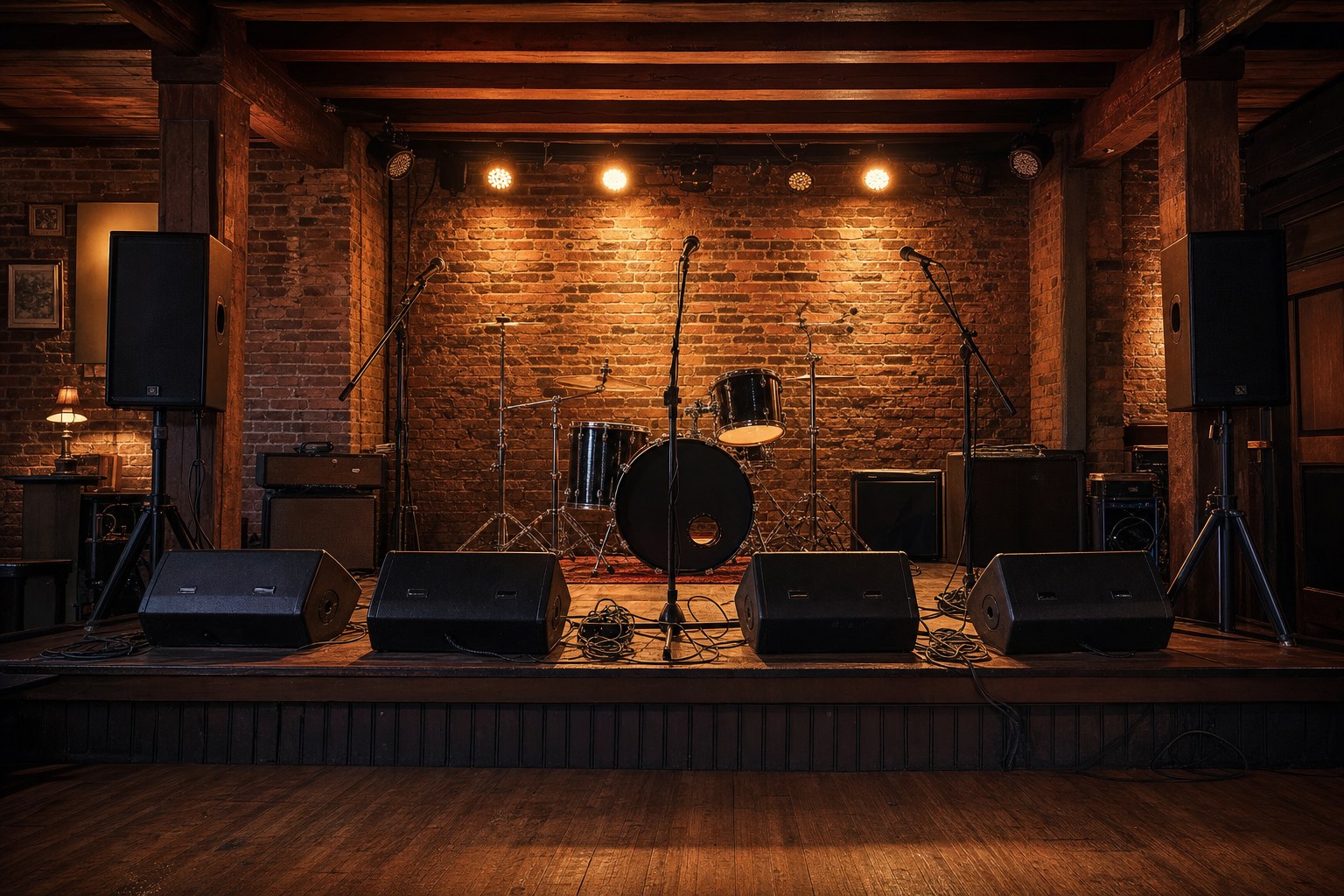 An empty warm-lit brick stage with a PA, monitors, and drum kit