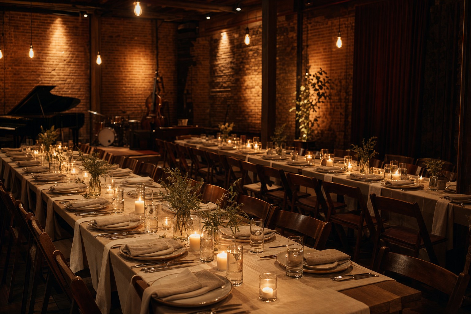 Long dinner tables set in the music room for a private event