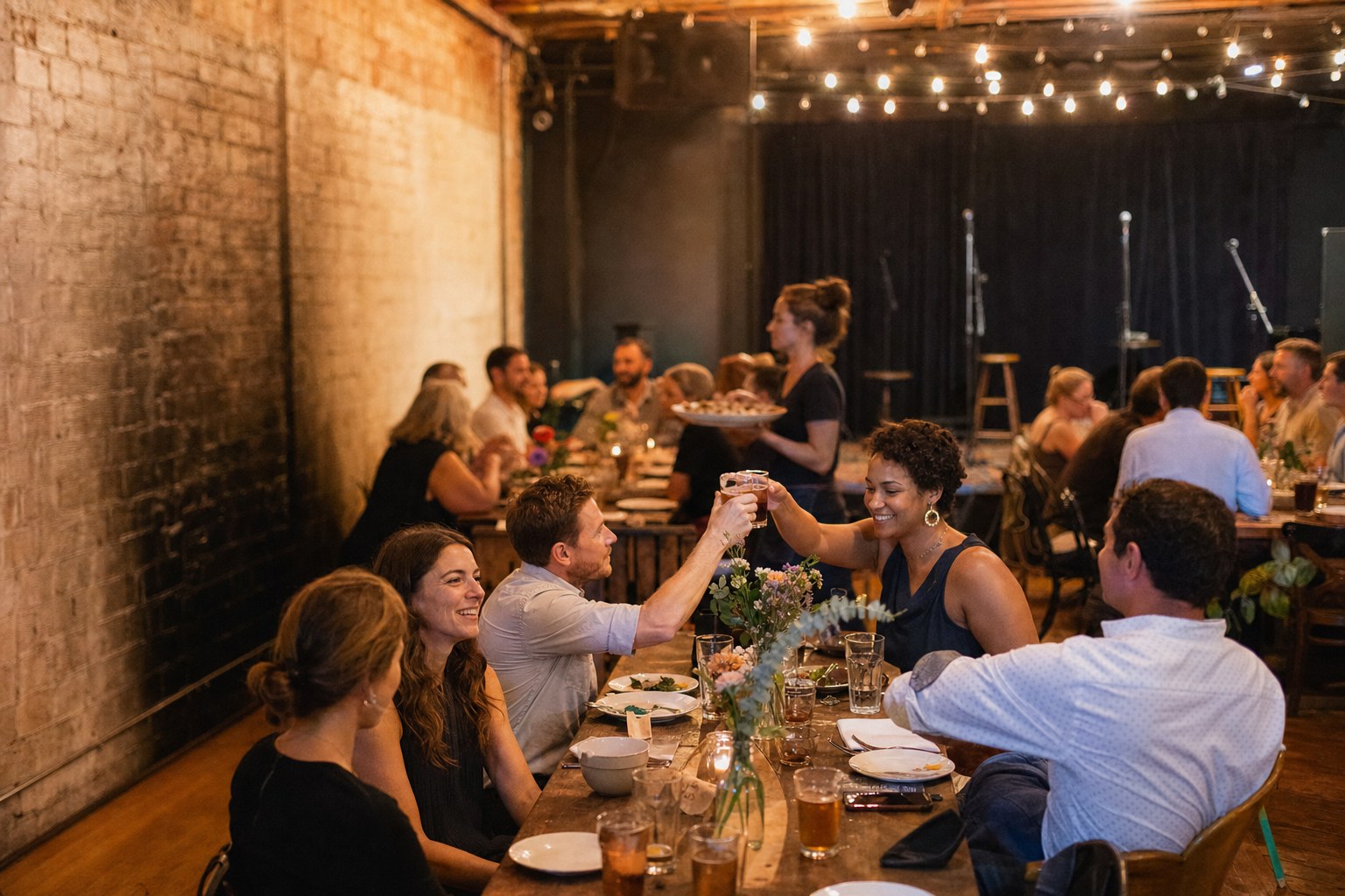 Friends gathered in a tavern music room for a private dinner