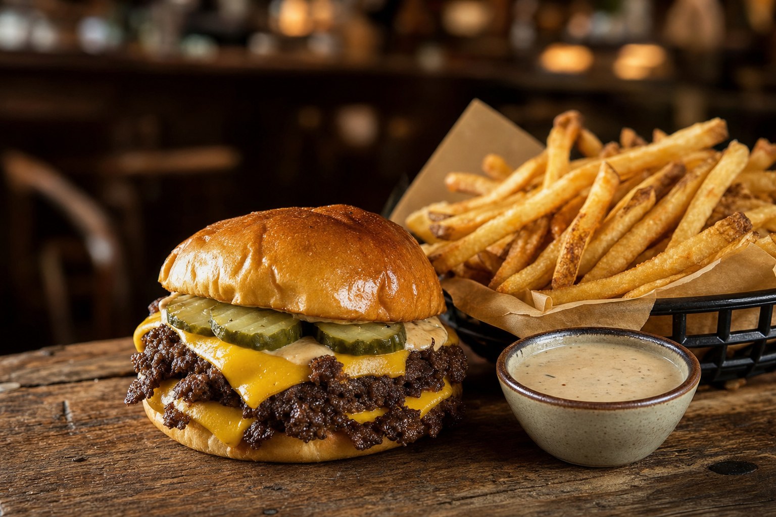 A smash burger and fries on a tavern table