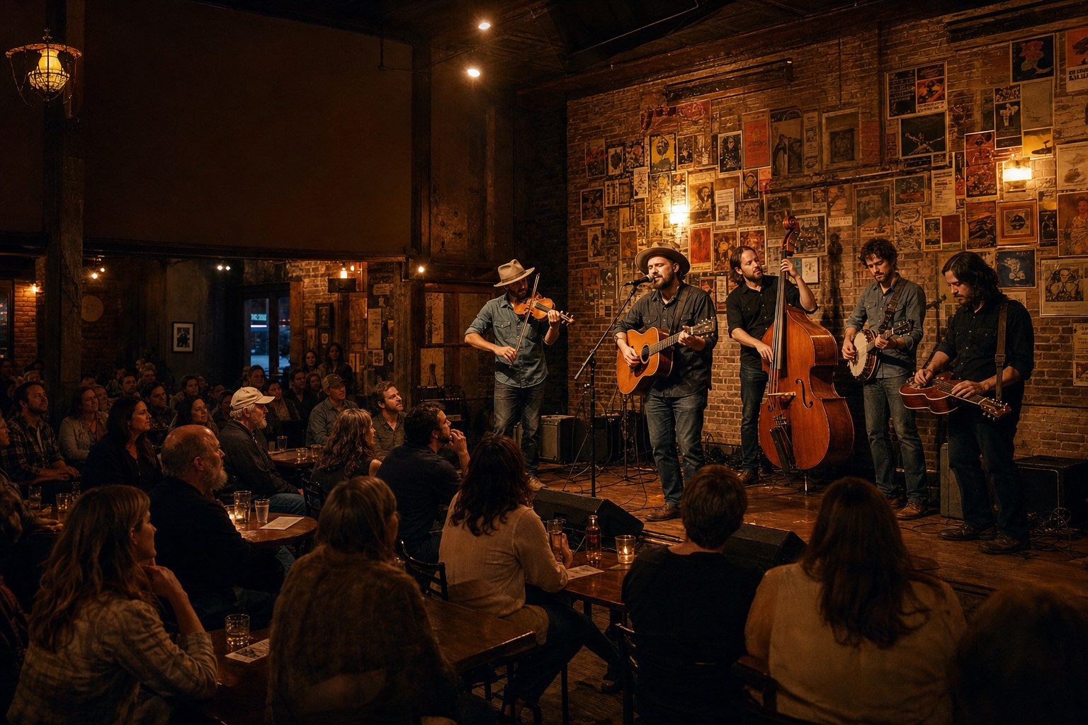 A band playing to a close crowd in a warm brick music room
